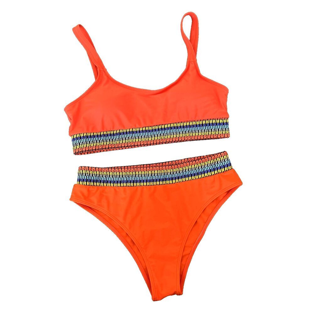 Orange Bikini Women Size L Accent Trim Yellow Blue Thick Strap Cheeky Padded